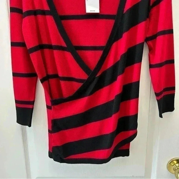 Ricki’s Wrap Front Sweater Deep V Neckline Thin Knit Red Black Stripes XS - Picture 6 of 15